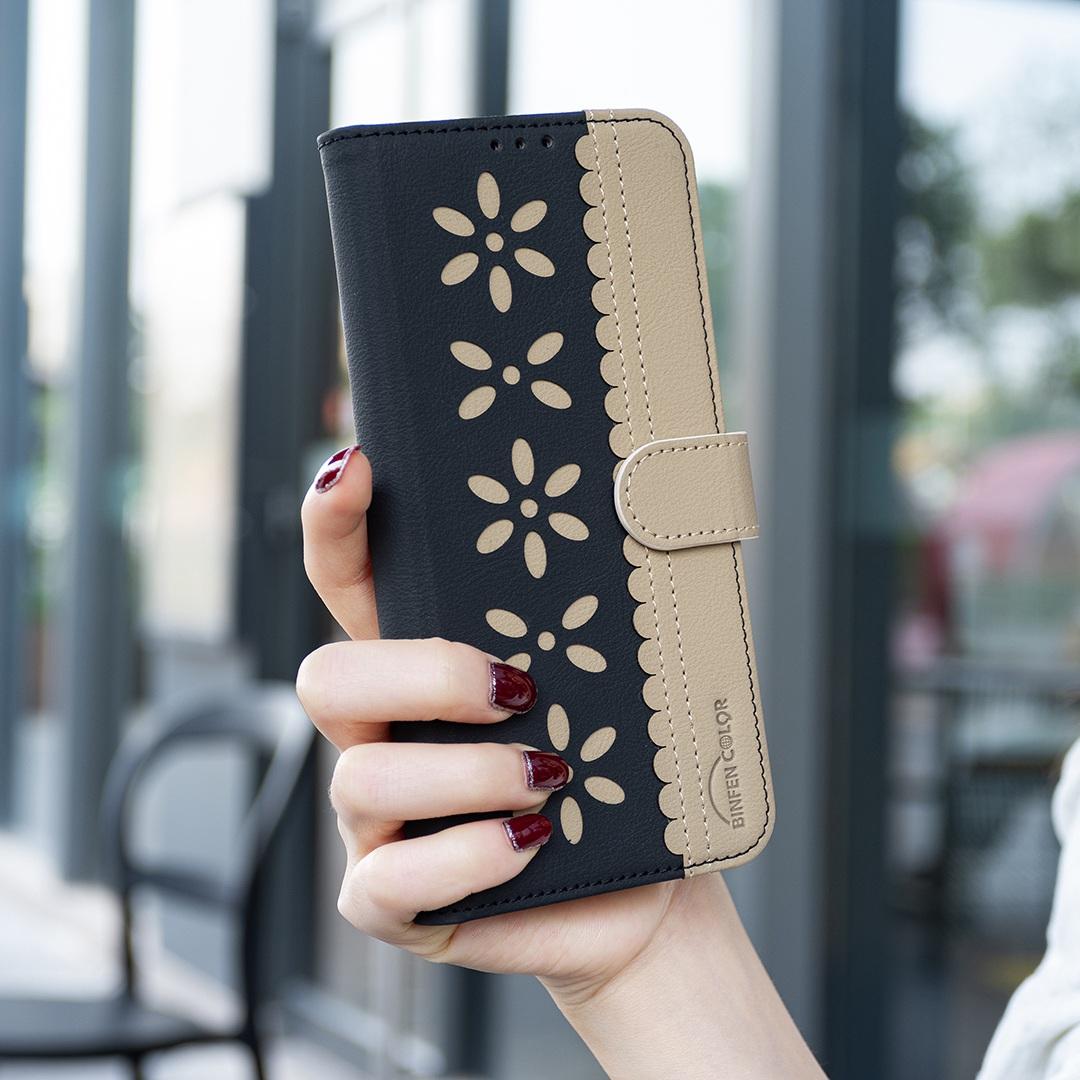 For Redmi Note 17 Pro 5G Global 163mm Splicing Color Hollow Flower Pattern RFID Leather Phone Case(Black)