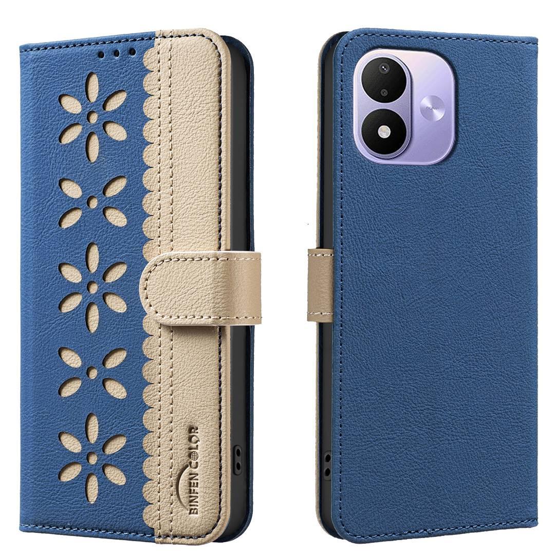 For Redmi Note 17 Pro 5G Global 163mm Splicing Color Hollow Flower Pattern RFID Leather Phone Case(Dark Blue)