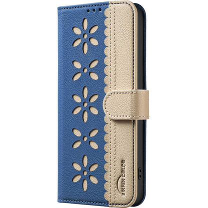 For Redmi Note 17 Pro 5G Global 163mm Splicing Color Hollow Flower Pattern RFID Leather Phone Case(Dark Blue)