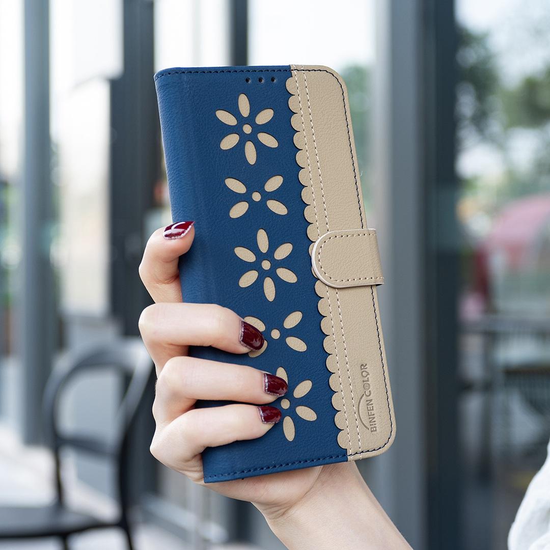 For Redmi Note 17 Pro 5G Global 163mm Splicing Color Hollow Flower Pattern RFID Leather Phone Case(Dark Blue)