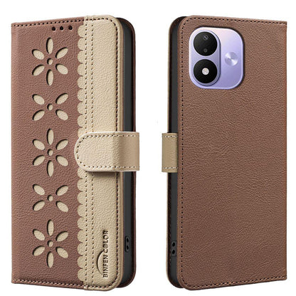 For Redmi Note 17 Pro 5G Global 163mm Splicing Color Hollow Flower Pattern RFID Leather Phone Case(Brown)