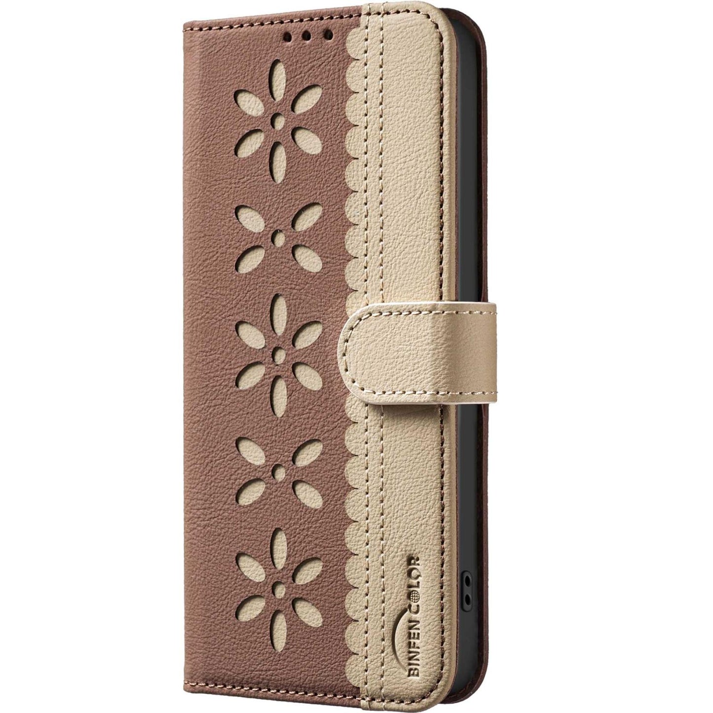 For Redmi Note 17 Pro 5G Global 163mm Splicing Color Hollow Flower Pattern RFID Leather Phone Case(Brown)