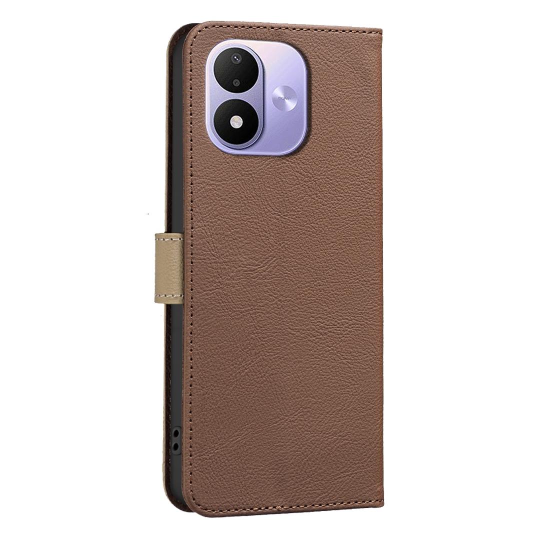 For Redmi Note 17 Pro 5G Global 163mm Splicing Color Hollow Flower Pattern RFID Leather Phone Case(Brown)