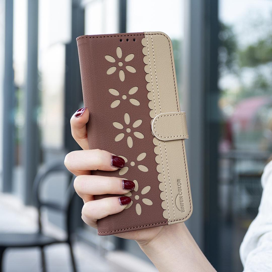 For Redmi Note 17 Pro 5G Global 163mm Splicing Color Hollow Flower Pattern RFID Leather Phone Case(Brown)