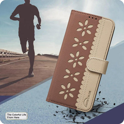 For Redmi Note 17 Pro 5G Global 163mm Splicing Color Hollow Flower Pattern RFID Leather Phone Case(Brown)