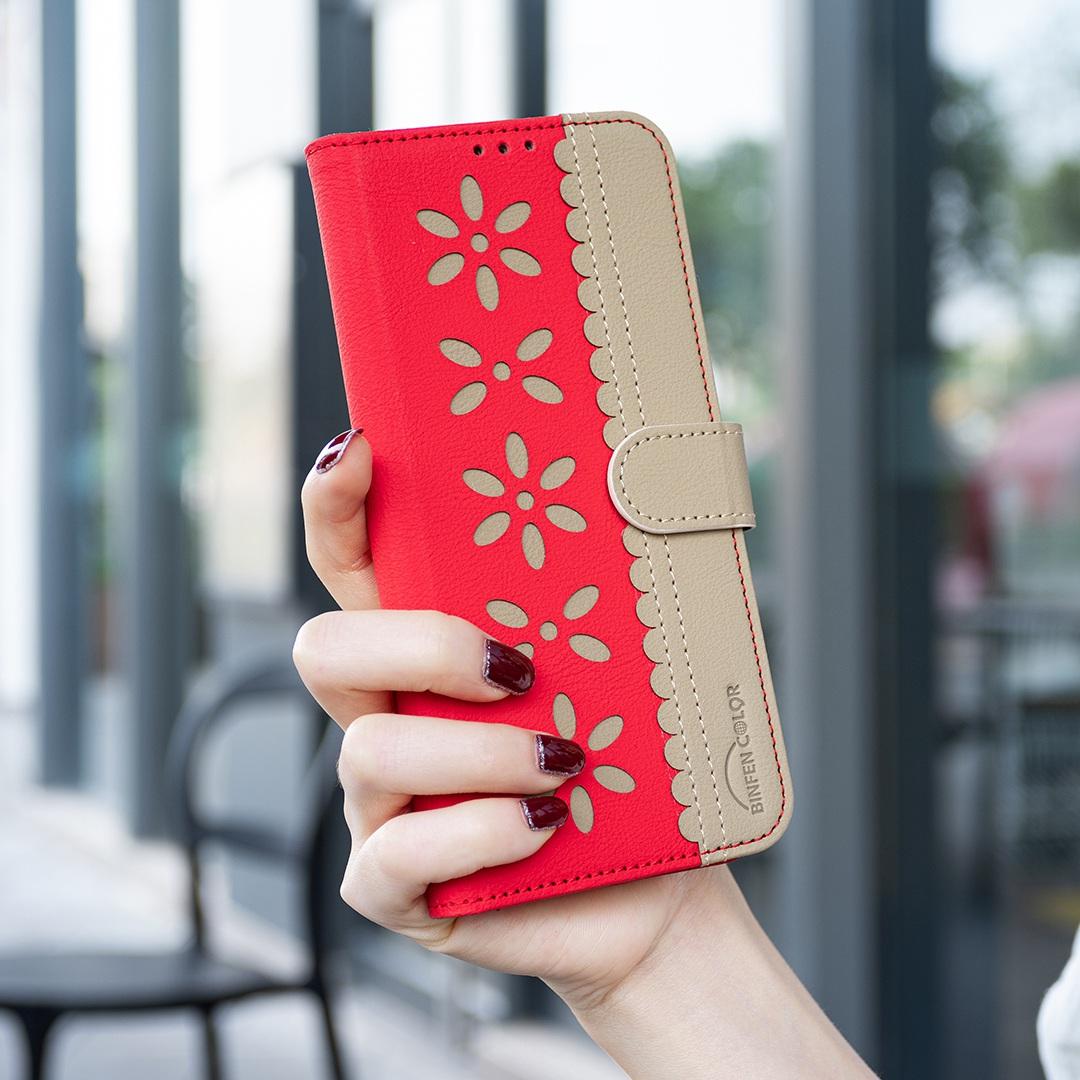 For Redmi Note 17 Pro 5G Global 163mm Splicing Color Hollow Flower Pattern RFID Leather Phone Case(Red)