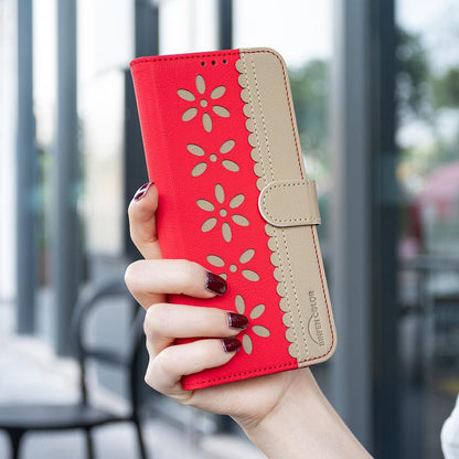 For Redmi Note 17 Pro 5G Global 163mm Splicing Color Hollow Flower Pattern RFID Leather Phone Case(Red)