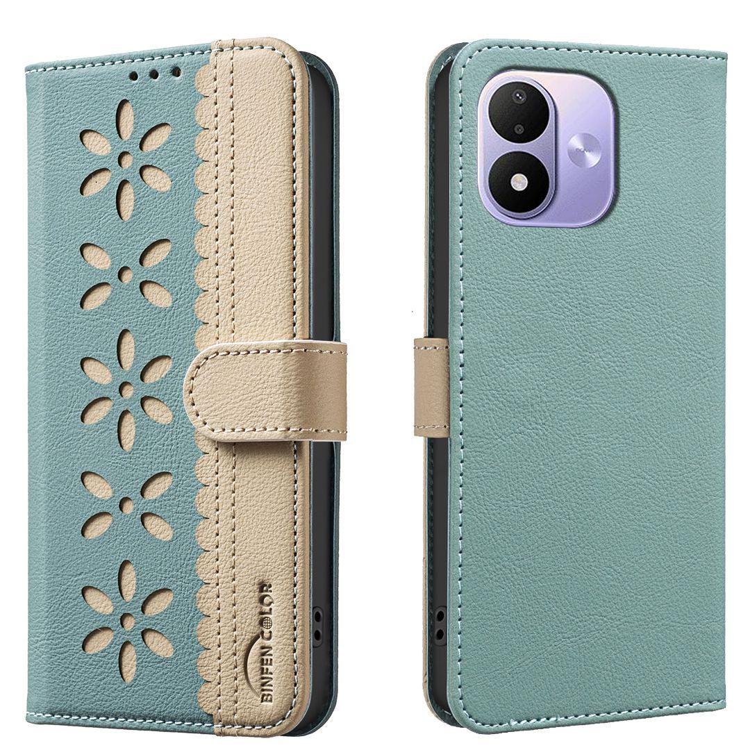 For Redmi Note 17 Pro 5G Global 163mm Splicing Color Hollow Flower Pattern RFID Leather Phone Case(Green)