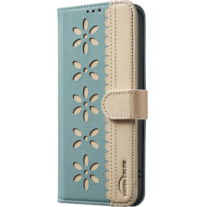For Redmi Note 17 Pro 5G Global 163mm Splicing Color Hollow Flower Pattern RFID Leather Phone Case(Green)
