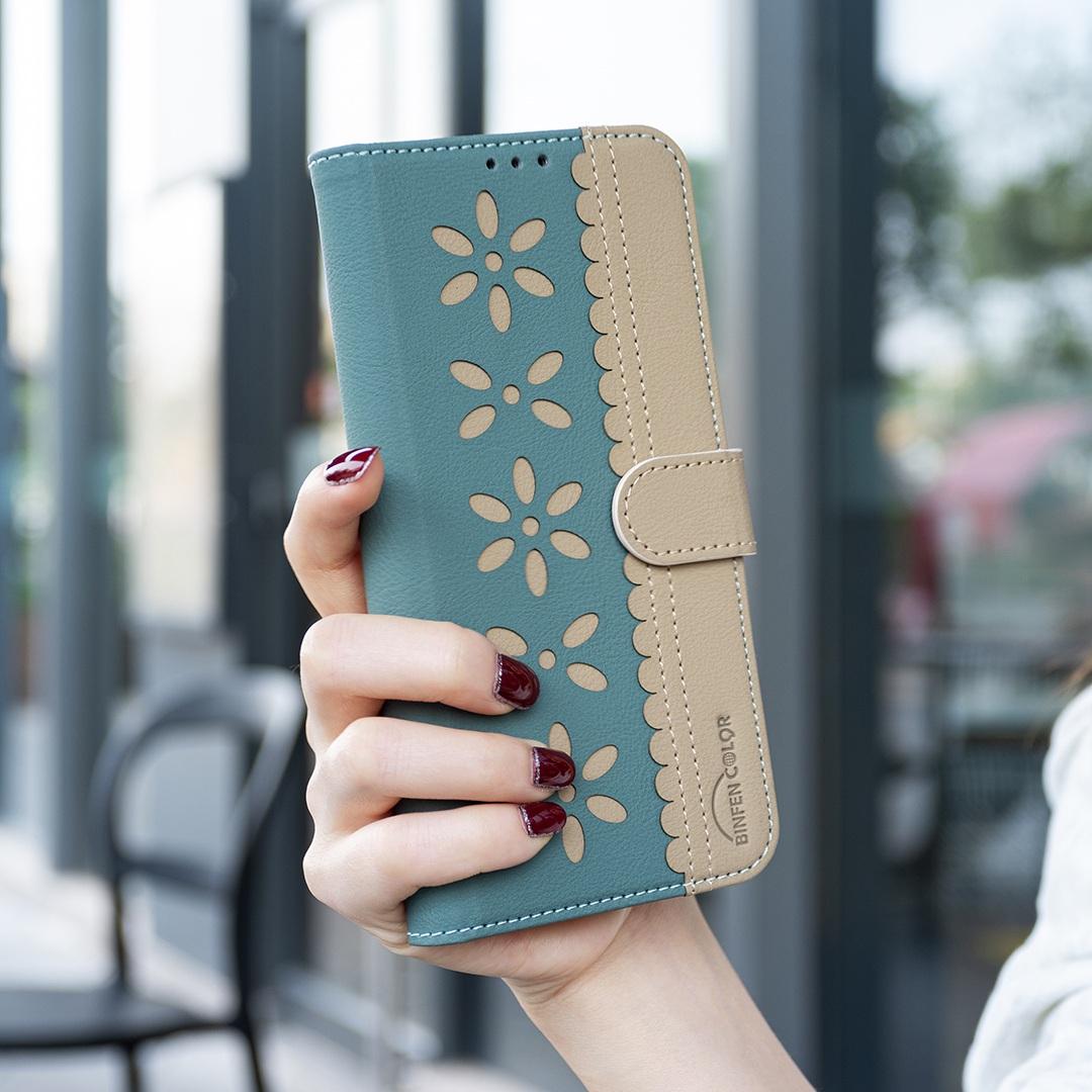 For Redmi Note 17 Pro 5G Global 163mm Splicing Color Hollow Flower Pattern RFID Leather Phone Case(Green)