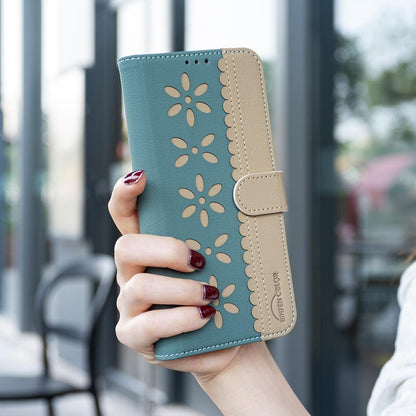 For Redmi Note 17 Pro 5G Global 163mm Splicing Color Hollow Flower Pattern RFID Leather Phone Case(Green)