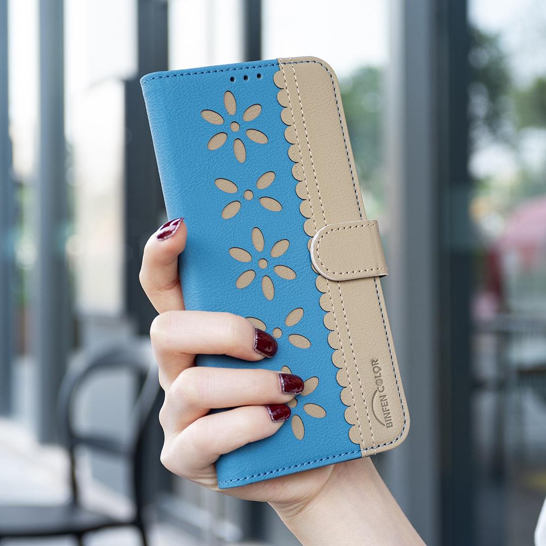 For Redmi Note 17 Pro 5G Global 163mm Splicing Color Hollow Flower Pattern RFID Leather Phone Case(Baby Blue)