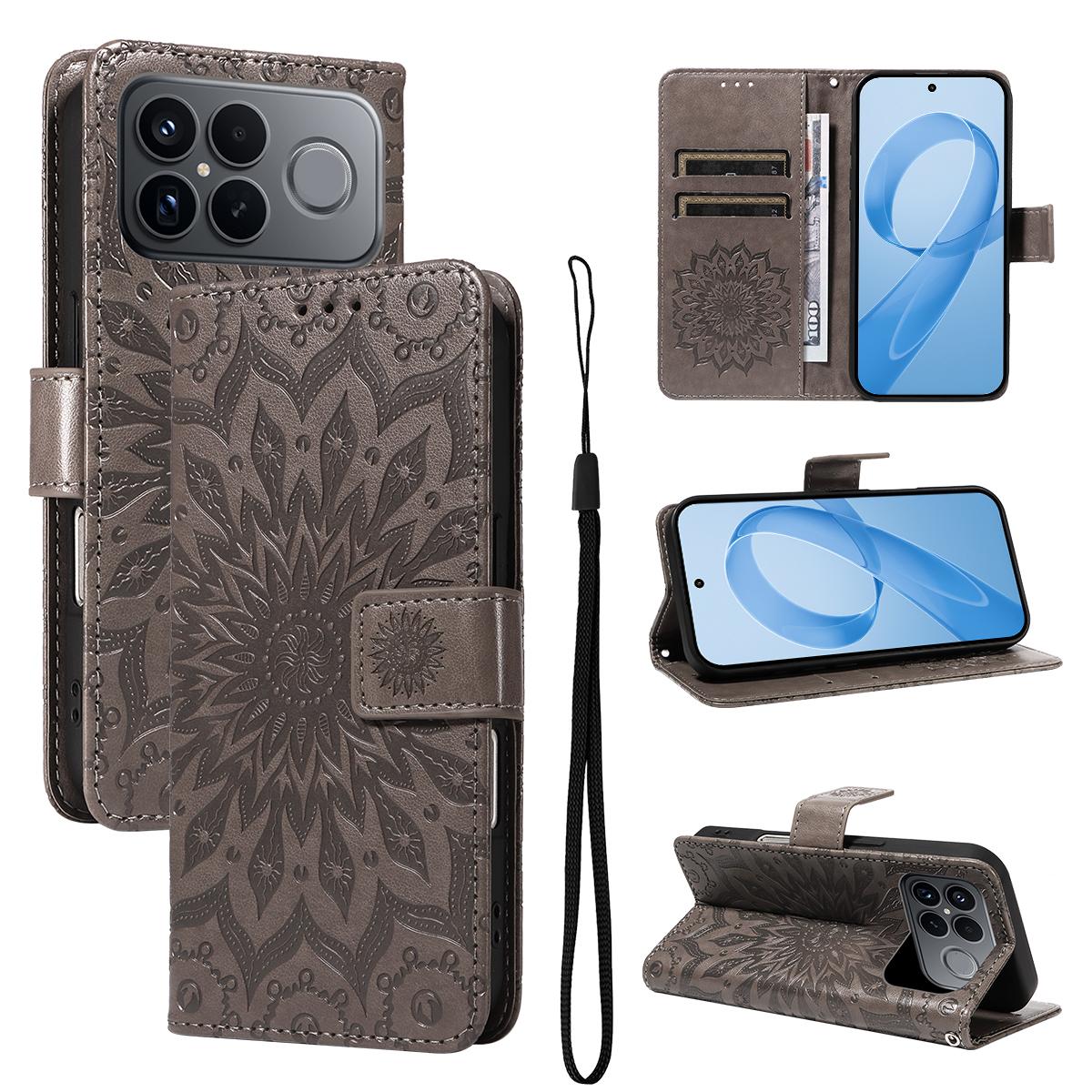 For Redmi K90 Pro Max/Poco F8 Ultra Embossed Sunflower Pattern Flip Leather Phone Case(Grey)