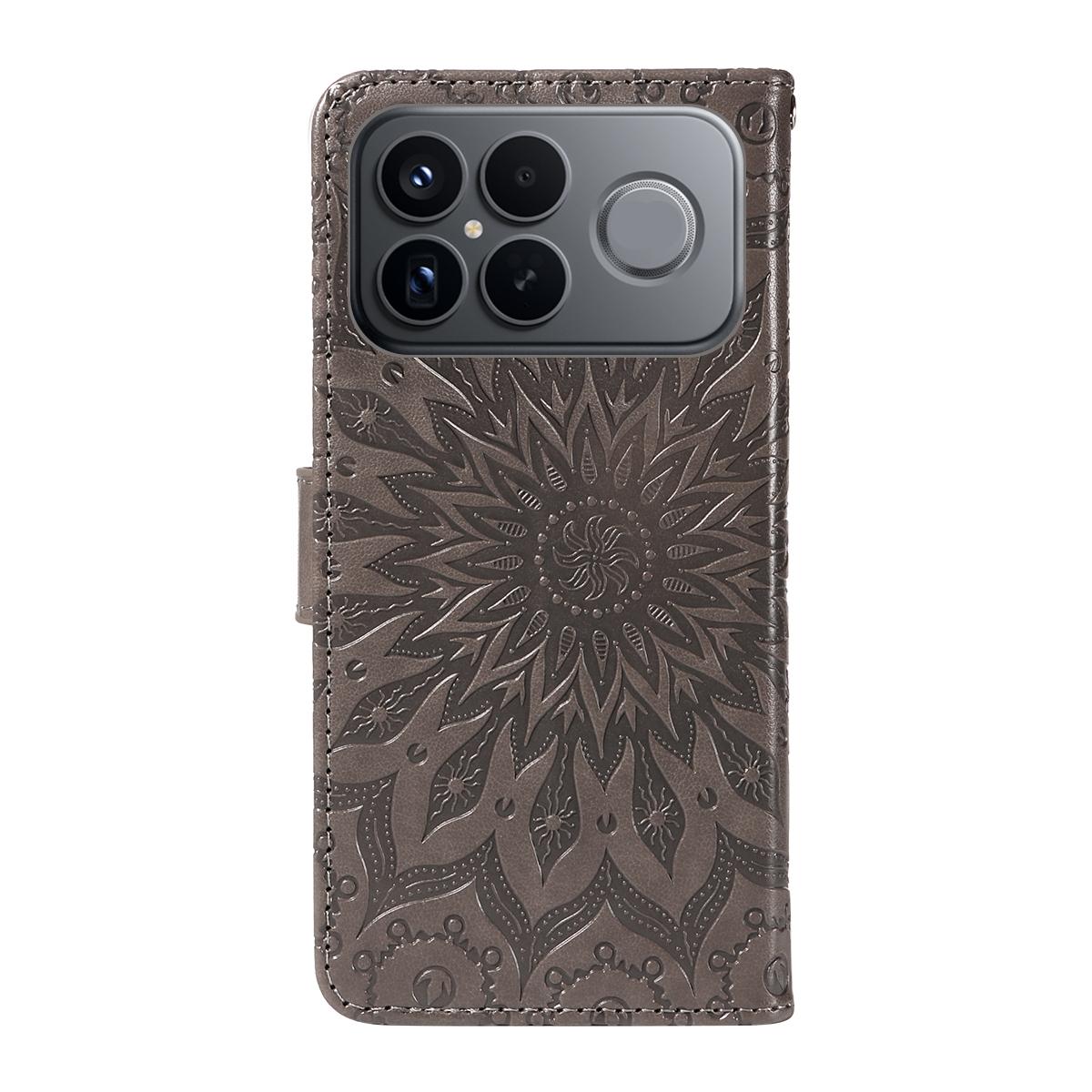 For Redmi K90 Pro Max/Poco F8 Ultra Embossed Sunflower Pattern Flip Leather Phone Case(Grey)