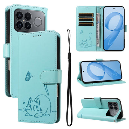 For Redmi K90 Pro Max/Poco F8 Ultra Adorable Cat Embossed Pattern Flip Leather Phone Case(Green)
