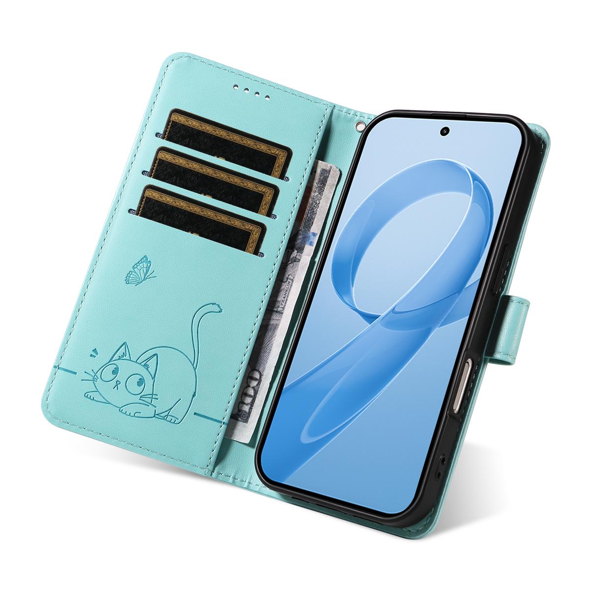 For Redmi K90 Pro Max/Poco F8 Ultra Adorable Cat Embossed Pattern Flip Leather Phone Case(Green)