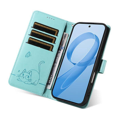 For Redmi K90 Pro Max/Poco F8 Ultra Adorable Cat Embossed Pattern Flip Leather Phone Case(Green)
