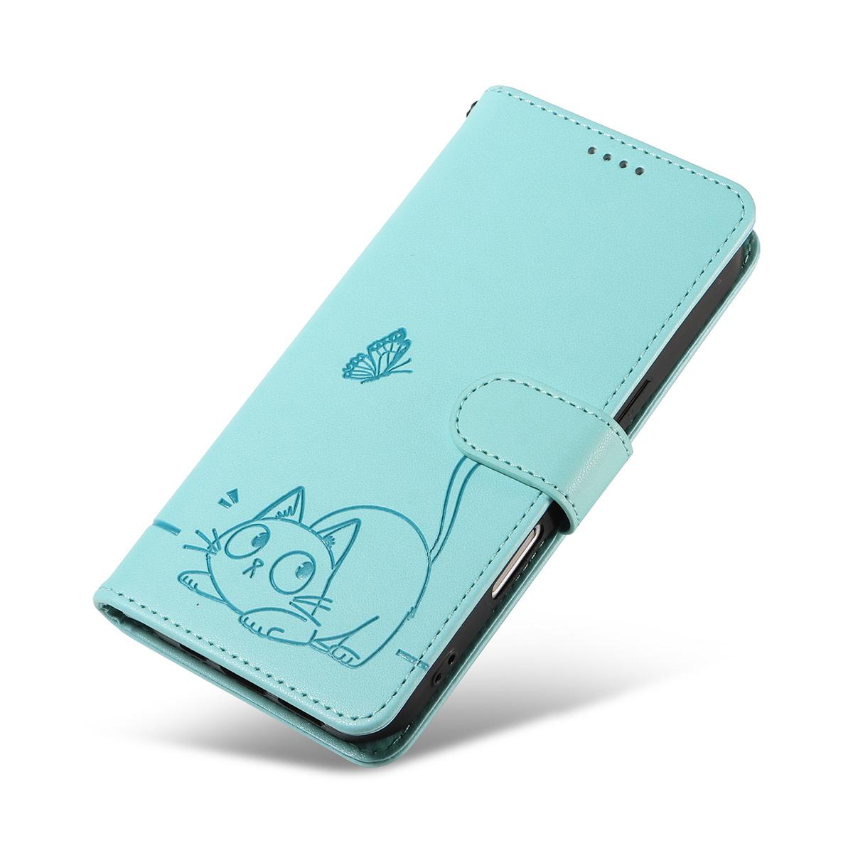 For Redmi K90 Pro Max/Poco F8 Ultra Adorable Cat Embossed Pattern Flip Leather Phone Case(Green)