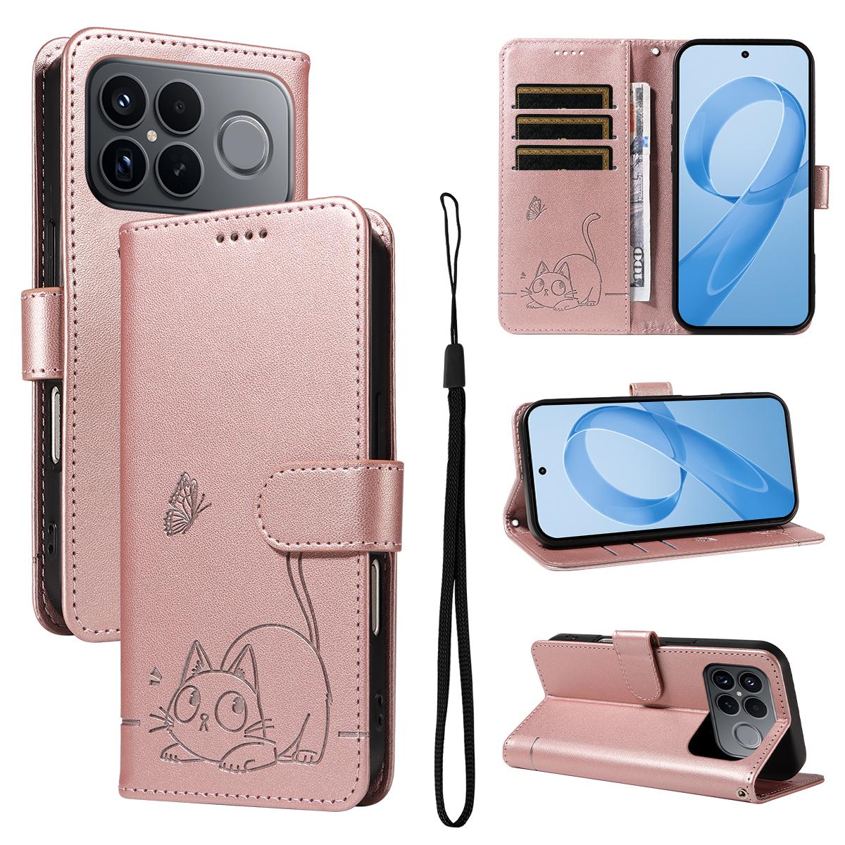 For Redmi K90 Pro Max/Poco F8 Ultra Adorable Cat Embossed Pattern Flip Leather Phone Case(Rose Gold)