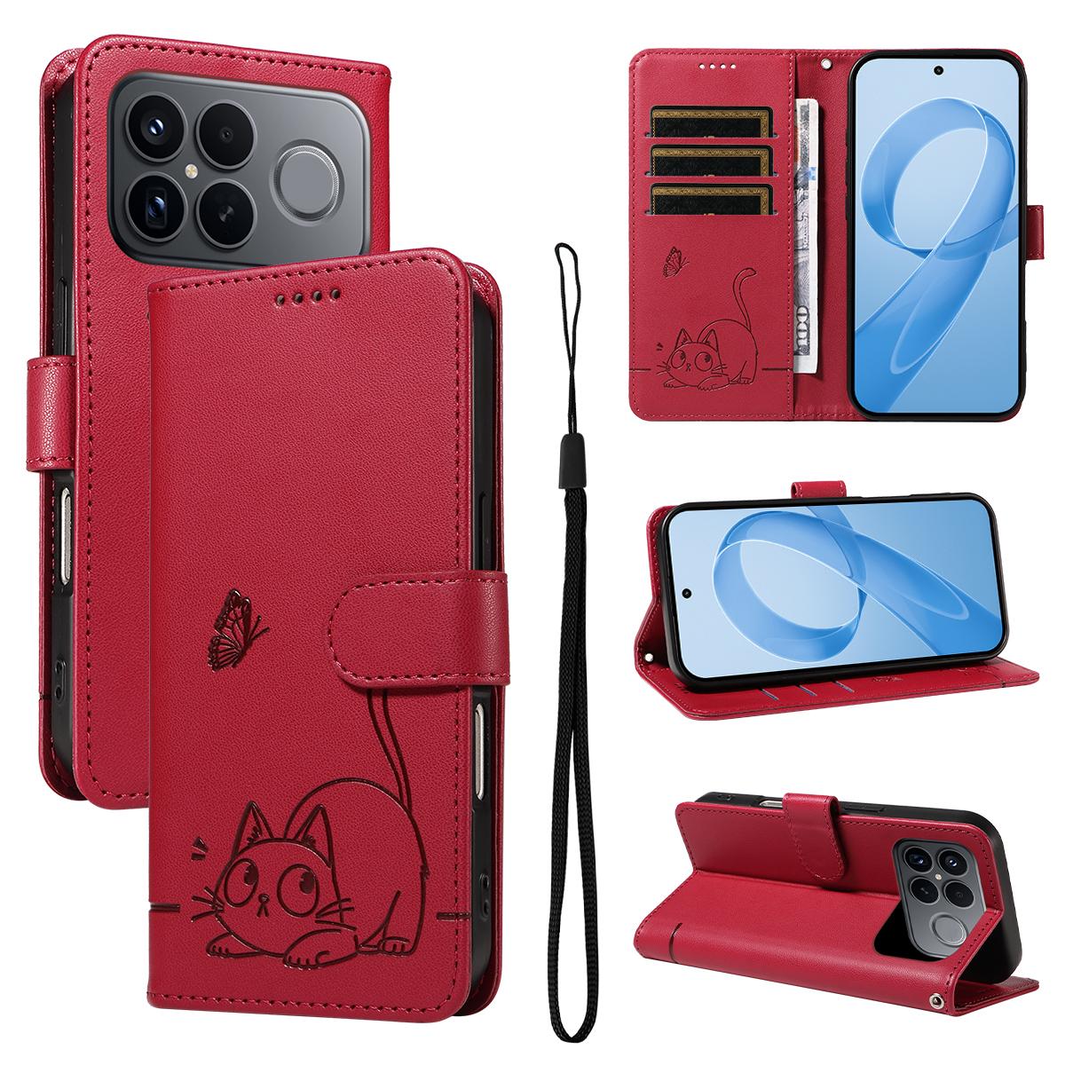 For Redmi K90 Pro Max/Poco F8 Ultra Adorable Cat Embossed Pattern Flip Leather Phone Case(Red)