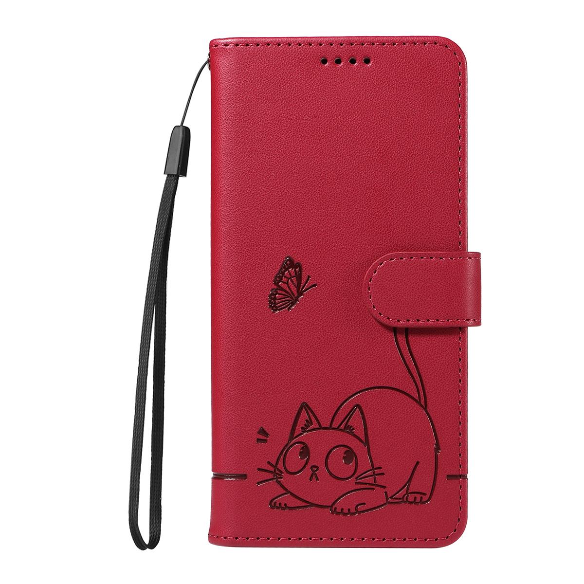 For Redmi K90 Pro Max/Poco F8 Ultra Adorable Cat Embossed Pattern Flip Leather Phone Case(Red)