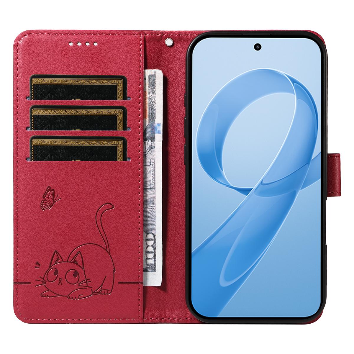 For Redmi K90 Pro Max/Poco F8 Ultra Adorable Cat Embossed Pattern Flip Leather Phone Case(Red)