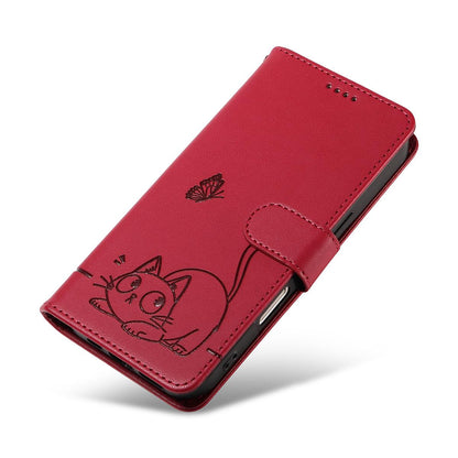 For Redmi K90 Pro Max/Poco F8 Ultra Adorable Cat Embossed Pattern Flip Leather Phone Case(Red)