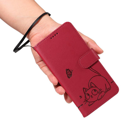For Redmi K90 Pro Max/Poco F8 Ultra Adorable Cat Embossed Pattern Flip Leather Phone Case(Red)