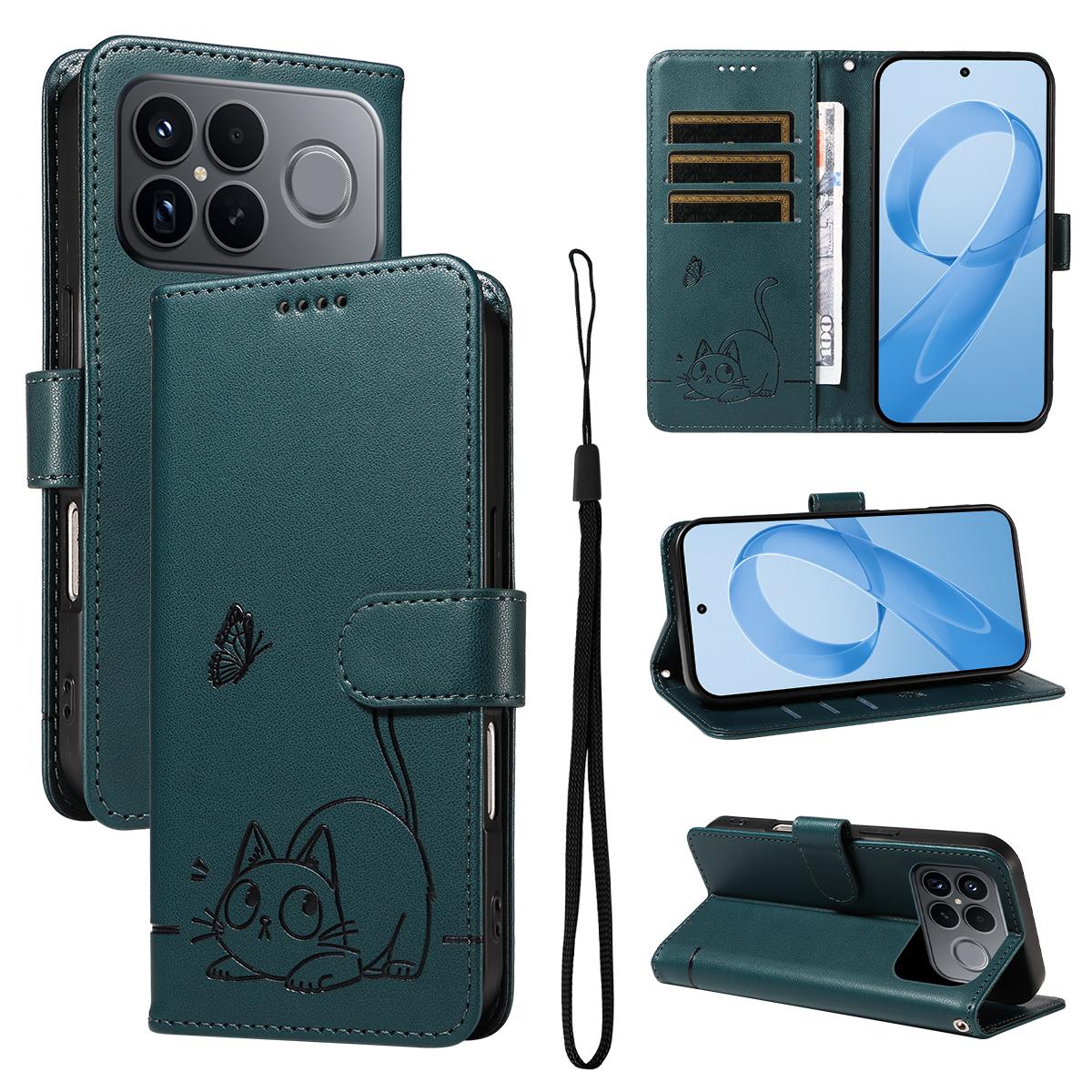 For Redmi K90 Pro Max/Poco F8 Ultra Adorable Cat Embossed Pattern Flip Leather Phone Case(Dark Green)