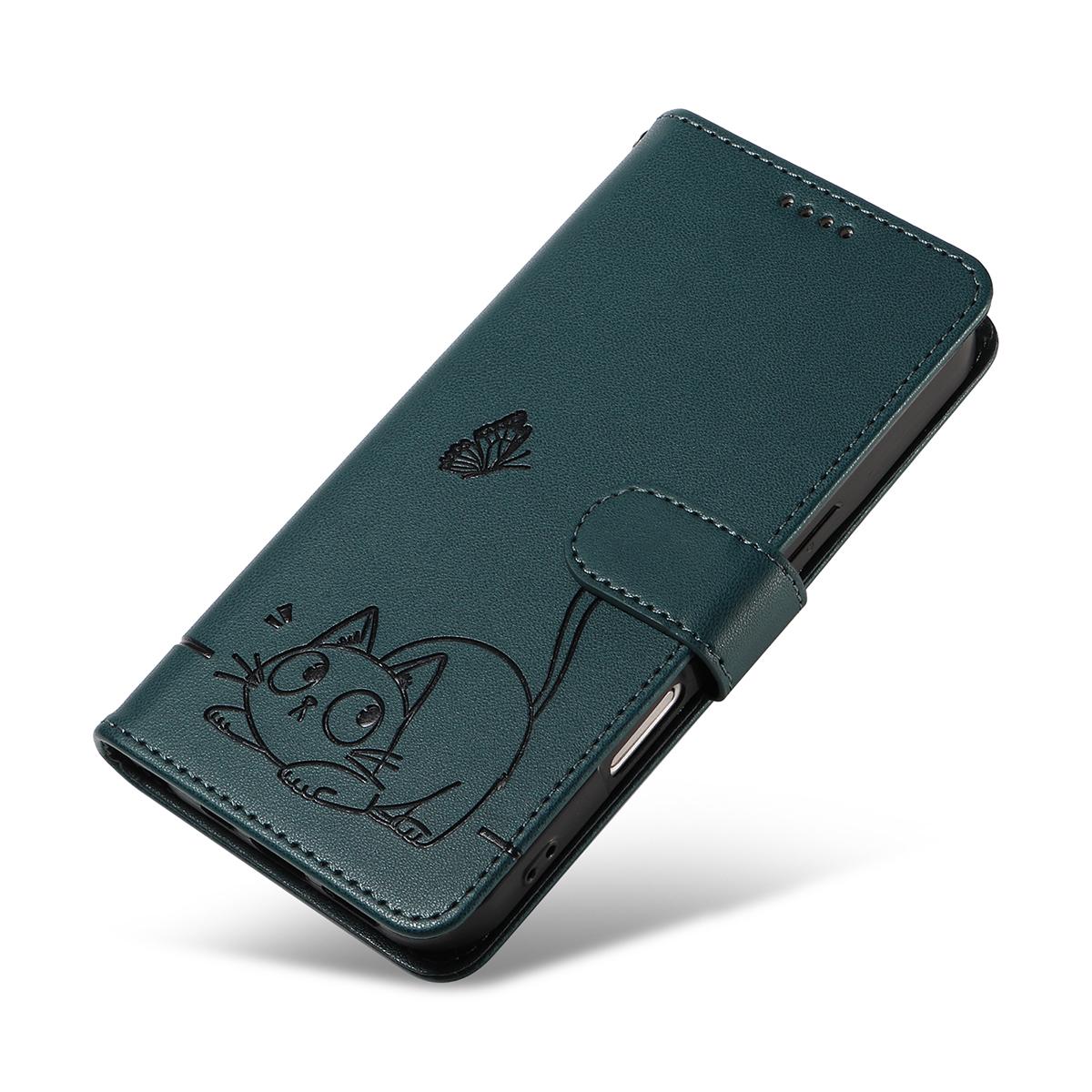 For Redmi K90 Pro Max/Poco F8 Ultra Adorable Cat Embossed Pattern Flip Leather Phone Case(Dark Green)
