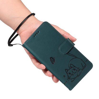 For Redmi K90 Pro Max/Poco F8 Ultra Adorable Cat Embossed Pattern Flip Leather Phone Case(Dark Green)