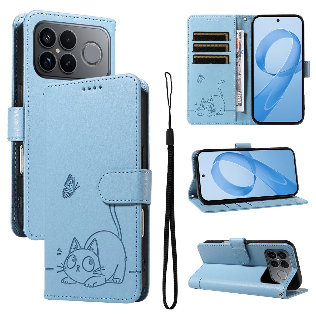 For Redmi K90 Pro Max/Poco F8 Ultra Adorable Cat Embossed Pattern Flip Leather Phone Case(Sky Blue)