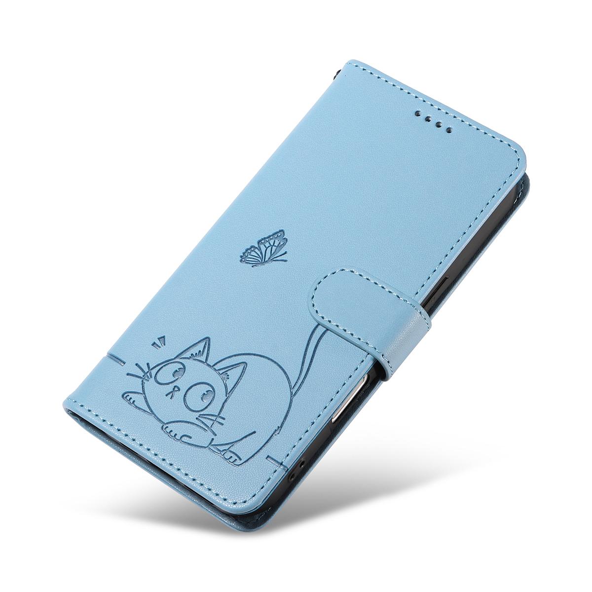 For Redmi K90 Pro Max/Poco F8 Ultra Adorable Cat Embossed Pattern Flip Leather Phone Case(Sky Blue)