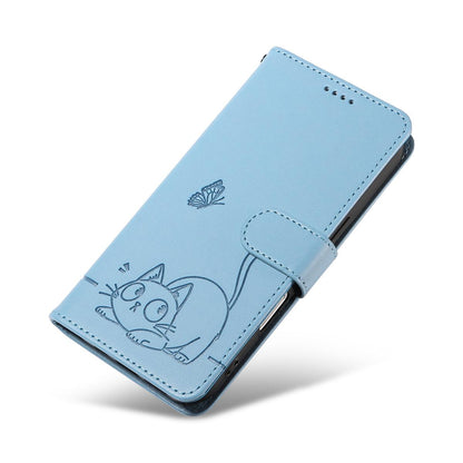 For Redmi K90 Pro Max/Poco F8 Ultra Adorable Cat Embossed Pattern Flip Leather Phone Case(Sky Blue)