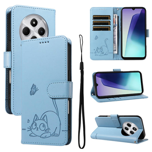 For Redmi 17C/14C 4G/A4 5G/Poco C75 5G Adorable Cat Embossed Pattern Flip Leather Phone Case - Sky Blue - EDA007934809F