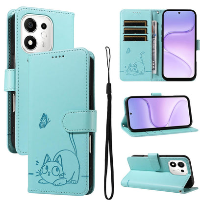 For Honor 600 Smart 5G Adorable Cat Embossed Pattern Flip Leather Phone Case - Green - EDA007935110A