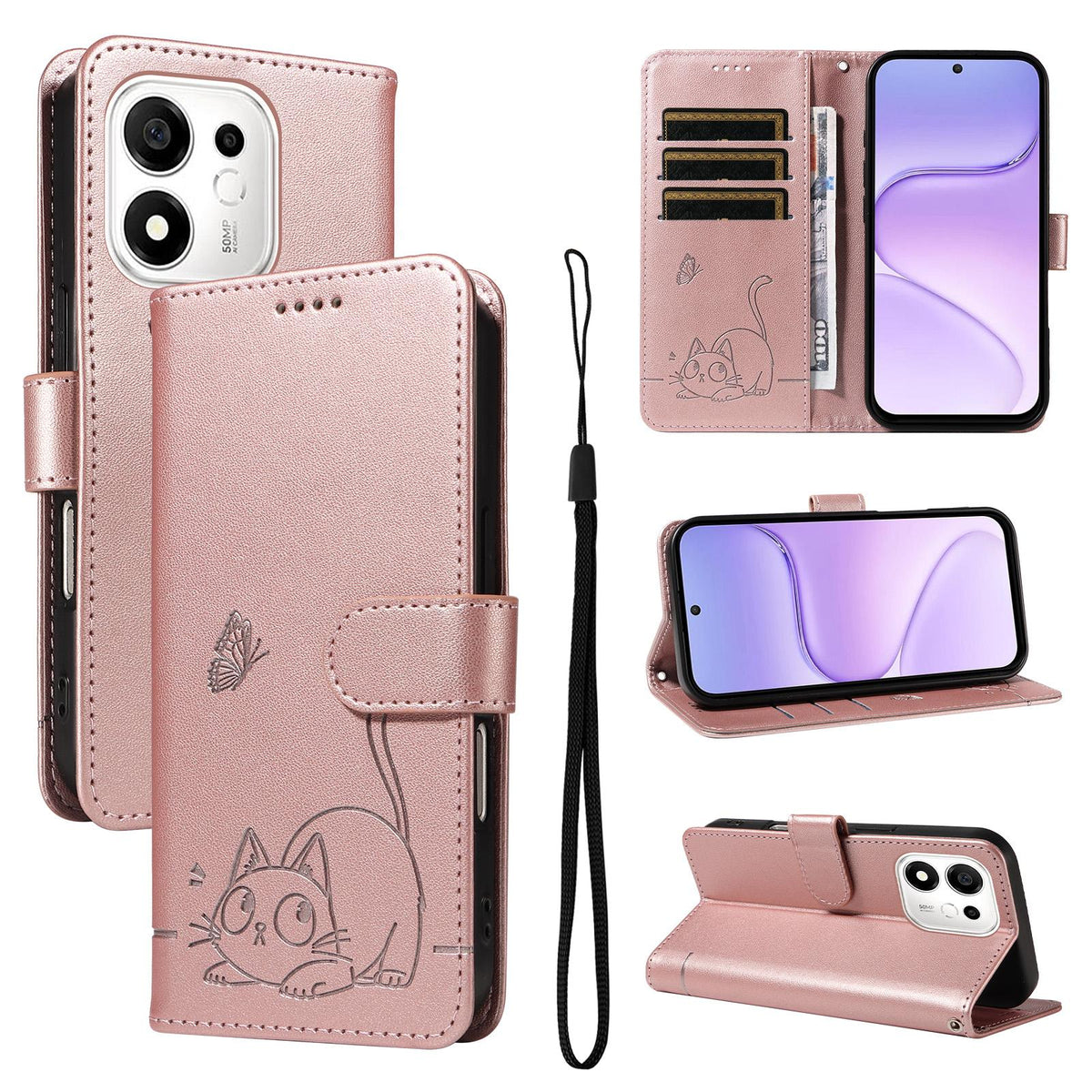 For Honor 600 Smart 5G Adorable Cat Embossed Pattern Flip Leather Phone Case - Rose Gold - EDA007935110B