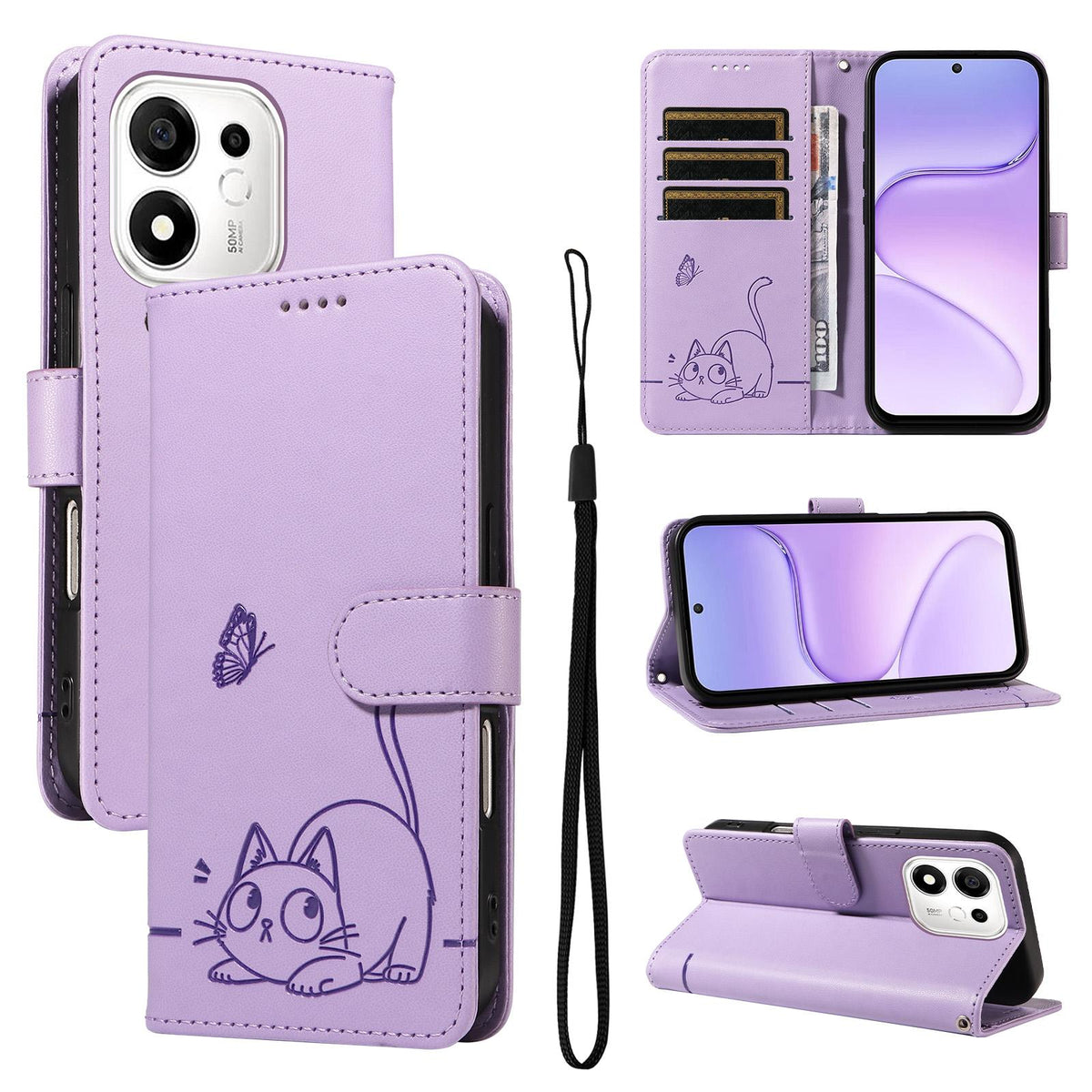 For Honor 600 Smart 5G Adorable Cat Embossed Pattern Flip Leather Phone Case - Purple - EDA007935110C