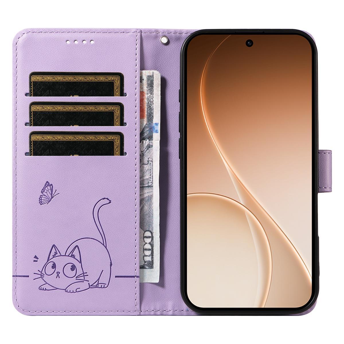 For Honor 600 Smart 5G Adorable Cat Embossed Pattern Flip Leather Phone Case - Purple - EDA007935110C