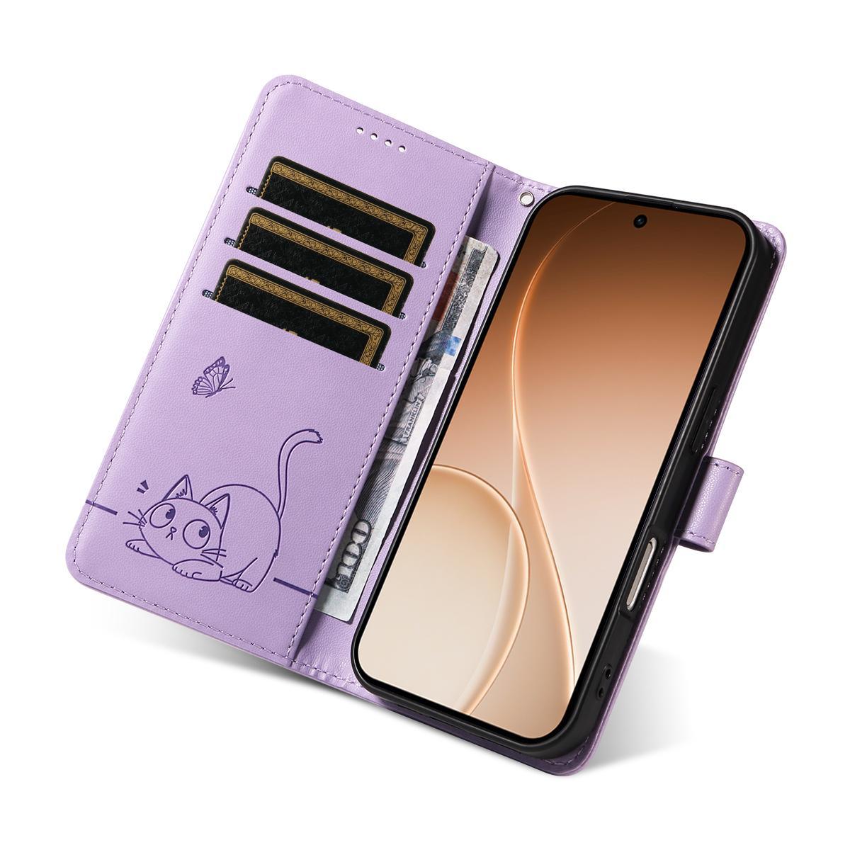 For Honor 600 Smart 5G Adorable Cat Embossed Pattern Flip Leather Phone Case - Purple - EDA007935110C