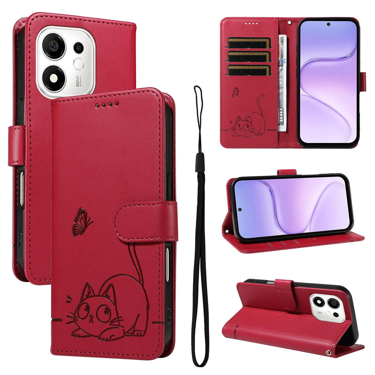 For Honor 600 Smart 5G Adorable Cat Embossed Pattern Flip Leather Phone Case - Red - EDA007935110D