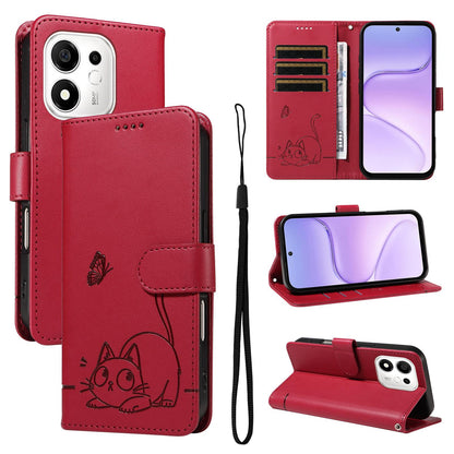 For Honor 600 Smart 5G Adorable Cat Embossed Pattern Flip Leather Phone Case - Red - EDA007935110D