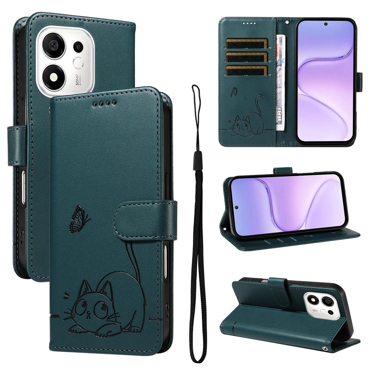 For Honor 600 Smart 5G Adorable Cat Embossed Pattern Flip Leather Phone Case - Dark Green - EDA007935110E