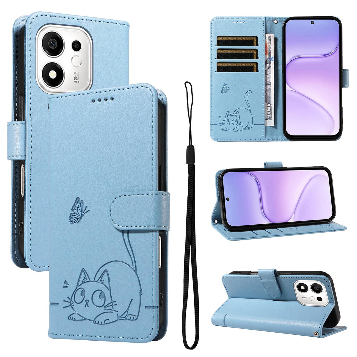 For Honor 600 Smart 5G Adorable Cat Embossed Pattern Flip Leather Phone Case - Sky Blue - EDA007935110F