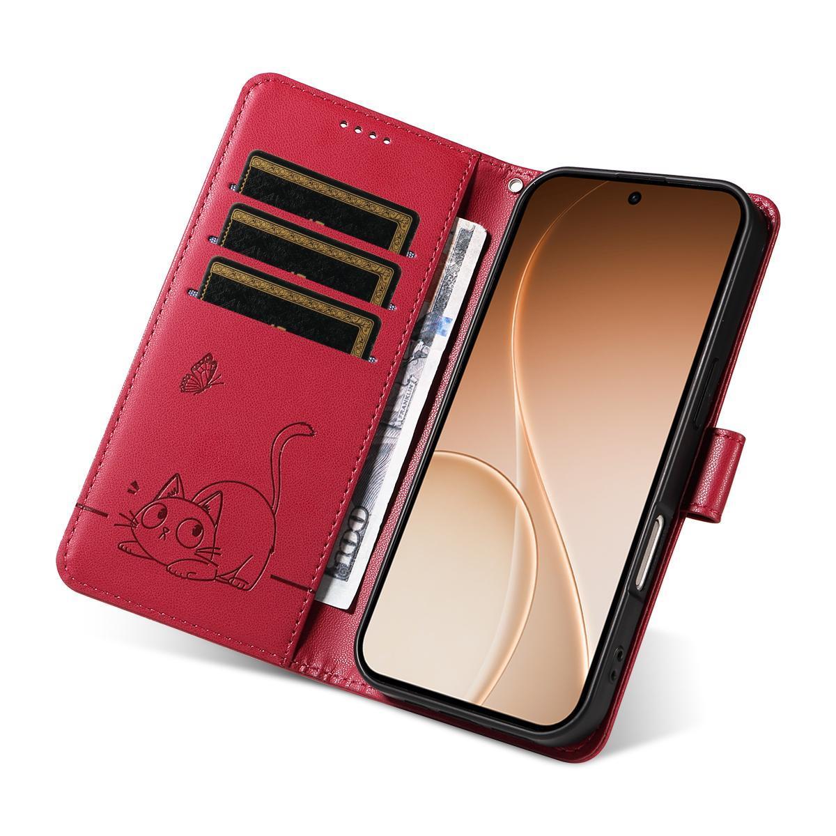 For Xiaomi 17 Max 5G Adorable Cat Embossed Pattern Flip Leather Phone Case - Red - EDA007935710D