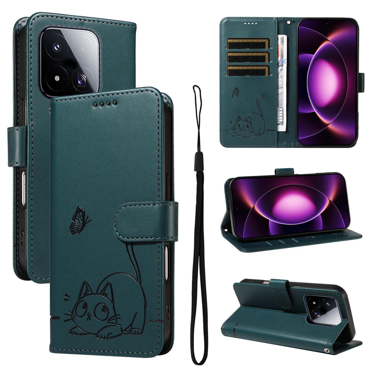 For Xiaomi 17 Max 5G Adorable Cat Embossed Pattern Flip Leather Phone Case - Dark Green - EDA007935710E