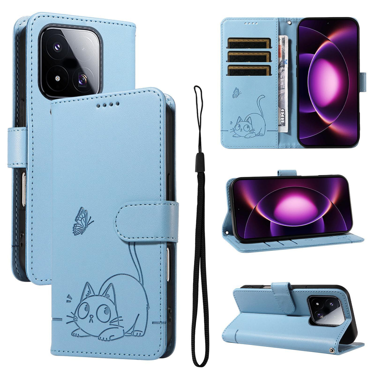 For Xiaomi 17 Max 5G Adorable Cat Embossed Pattern Flip Leather Phone Case - Sky Blue - EDA007935710F
