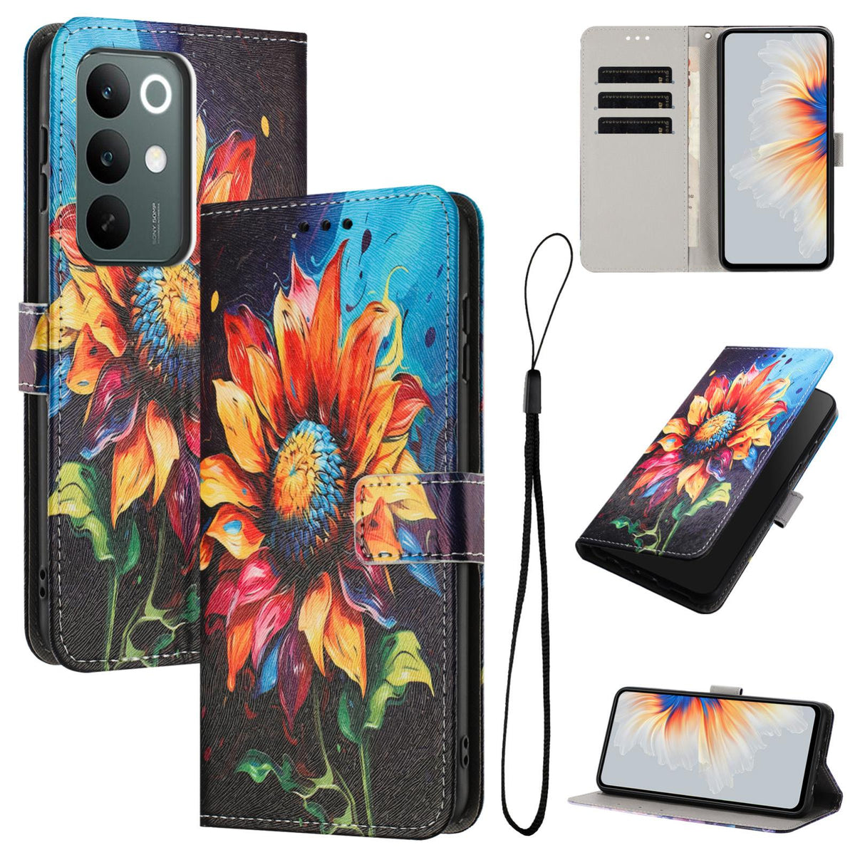 For Realme C100 / C100i / C100x 4G Color Drawing Pattern Leather Phone Case - Sunflower - EDA008043727A