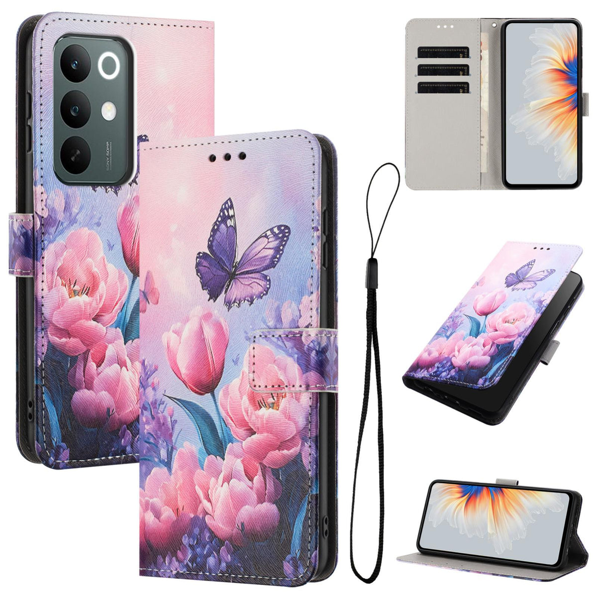 For Realme C100 / C100i / C100x 4G Color Drawing Pattern Leather Phone Case - Pink Butterfly - EDA008043727B