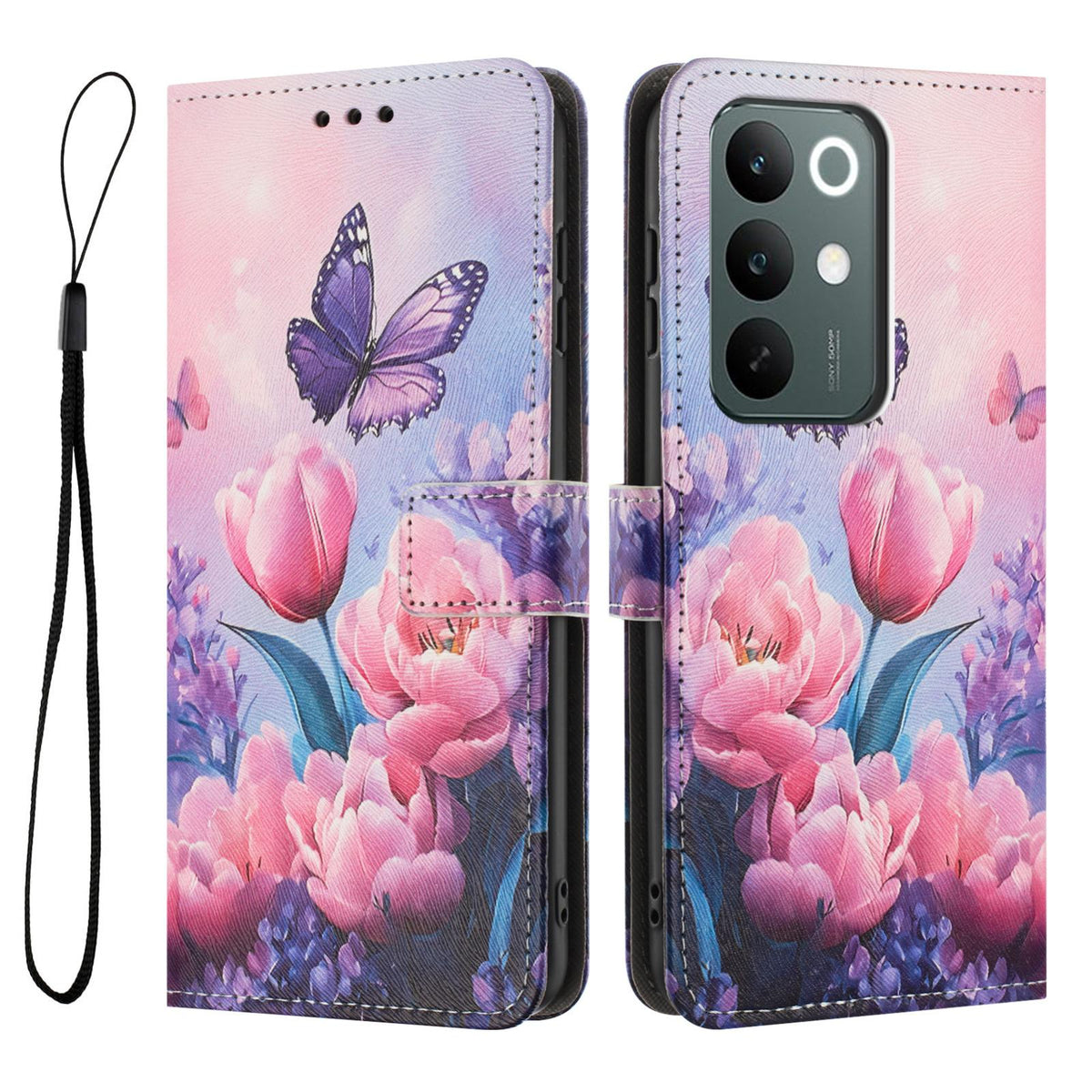For Realme C100 / C100i / C100x 4G Color Drawing Pattern Leather Phone Case - Pink Butterfly - EDA008043727B
